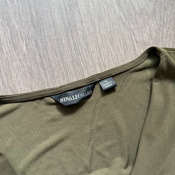Nina Leonard Olive Green V-Neck Blouse with Open Sleeve Detail - Picture 5 of 16